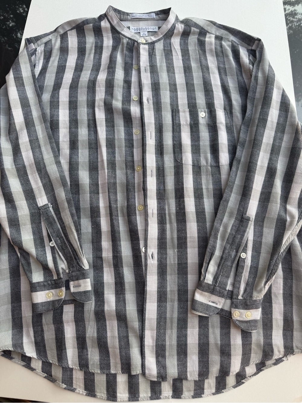 VTG 90s PERRY ELLIS LS Banded Collar Button Front Shirt-Cotton-Ivory/Gray Sz 17